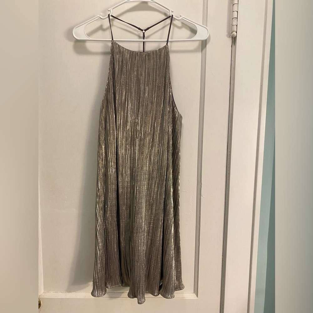 Lush Metallic Silver Pleated Halter Mini Dress